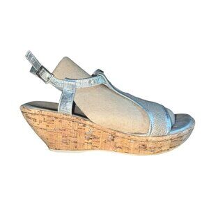 Born MJJ7 Silver Canvas & Leather Peep Toe Slingback Wedges Sz 10 Womens Wooden